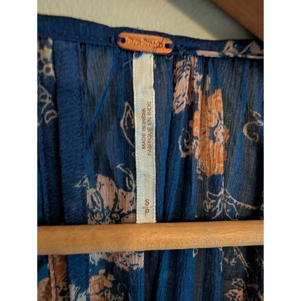 Free People Sunsetter Floral Ruffle Mini Dress Tunic Small Blue Sheer Festival